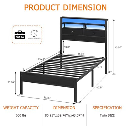 Twin Bed Frames with Charging Station and LED Lights, Black Oak, view 3