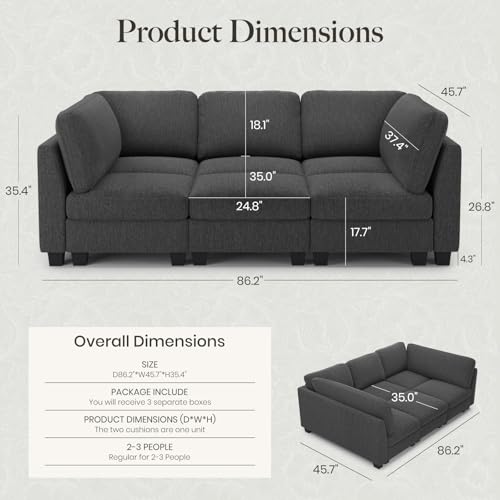 86.2" Sectional Sleeper Sofa Bed with Deep Seat Cloud Modular Sectional Couches for Living Room. Dark Grey Sofa