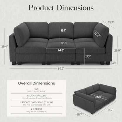 86.2" Sectional Sleeper Sofa Bed with Deep Seat Cloud Modular Sectional Couches for Living Room. Dark Grey Sofa