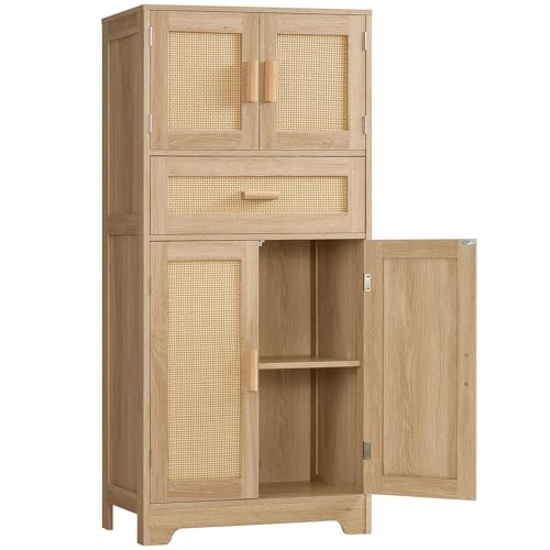 47.2" H Tall Storage Cabinet with Adjustable Shelf, Rattan Cabinet, Cupboard for Living Room, Dining Room, Entryway, Home Office, Natural