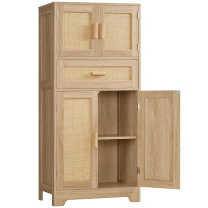 47.2" H Tall Storage Cabinet with Adjustable Shelf, Rattan Cabinet, Cupboard for Living Room, Dining Room, Entryway, Home Office, Natural