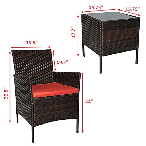 Fine Style 3 Piece Patio Furniture Set,Outdoor Wicker Rattan Conversation Set,Porch PE Outdoor Set with Coffee Table, Chairs & Thick Cushions, for Garden Lawn Backyard Pool (Brown-Rust)