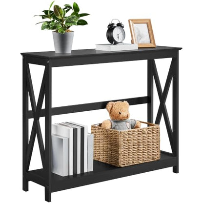 Narrow Black Entryway Console Table, 2-Tier X-Frame Storage Shelf, view 2
