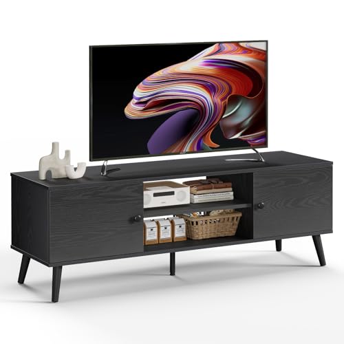 TV Stand for 55 60 inch TV, Modern Mid Century Entertainment Center with Storage, Wooden Media Console Table with 2 Cabinets, for Living Room, Bedroom, Black