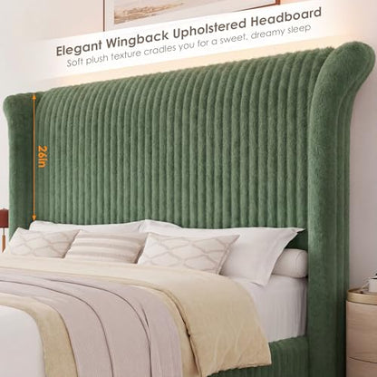 Queen Faux-Fur Upholstered Bed Frame with 54" Channeled Wingback Headboard, view 6