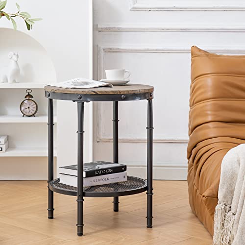 20" Side Table, Round End Tables Living Room, Industrial Small End Table with Metal Mesh, Rustic Farmhouse Side Tables for Bedroom, Office, Corner, Walnut