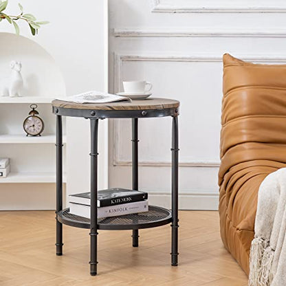 20" Side Table, Round End Tables Living Room, Industrial Small End Table with Metal Mesh, Rustic Farmhouse Side Tables for Bedroom, Office, Corner, Walnut