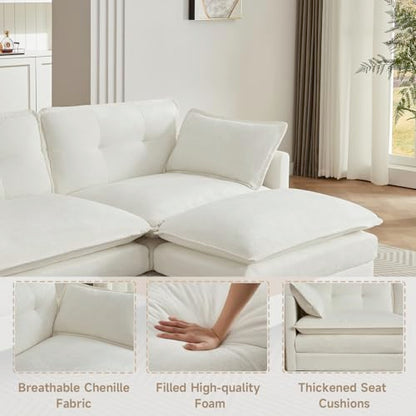 Modular Sectional Sofa, 111.5" U-Shaped Chenille Comfy Sectional Couches for Living Room, 3-Seater Cloud Couches with 2 Movable Ottomans, Flexible Combination Modern Deep Seat Sofa (Beige)