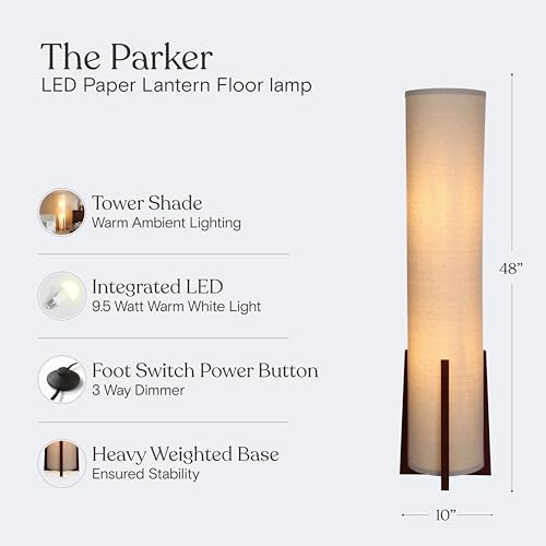 Parker Paper Lantern Floor lamp, 48 Inch Tall Lamp with Wood Frame, Asian Design for Bedroom, Decorative Tower Shade Lamp for Living Rooms & Offices, Great Living Room Décor