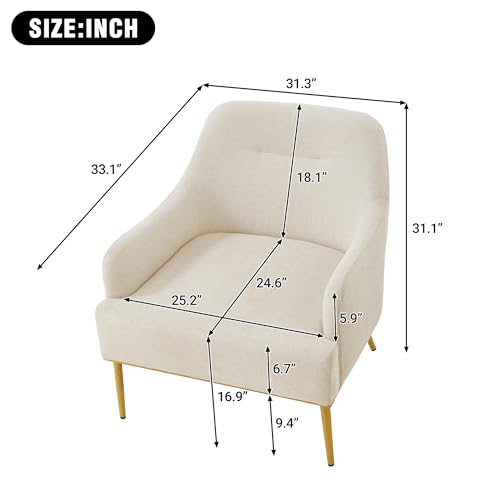 Justin Modern Accent Chair with Metal Legs, Chenille Upholstered Lounge Chair Indoor, Curved Backrest Armchair, Soft Cushion Seating for Living Room Reading Home, Beige