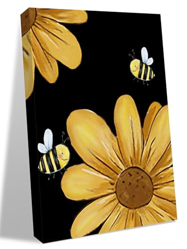 NuYeBiofx Yellow Daisy Flower Bee on Black Canvas Wall Art Prints,48"x32" Framed Picture Artwork Rustic Farmhouse Floral Printed Canvas Oil Painting for Living Room Bedroom Office,Ready to Hang
