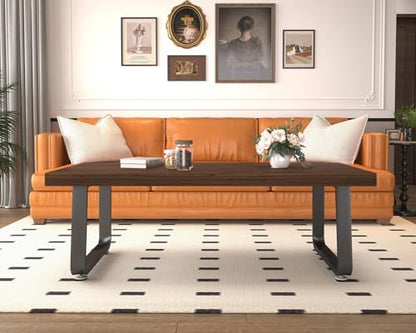 Rustic Walnut Coffee Table, Modern Center Table, Rectangle Industrial Living Room Coffee Table, Simple Farmhouse Wood and Metal Tea Table for Home Bedroom Office, Walnut, 47 in