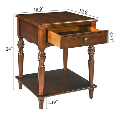 End Table with Drawer and Storage Shelf, Solid Wood Sofa Side Table, Square Beside Table, Telephone Table for Living Room,18.9"L x 18.9"W x 24"H, No-Tools Assembly, Caramel Brown BZ-C008-DR