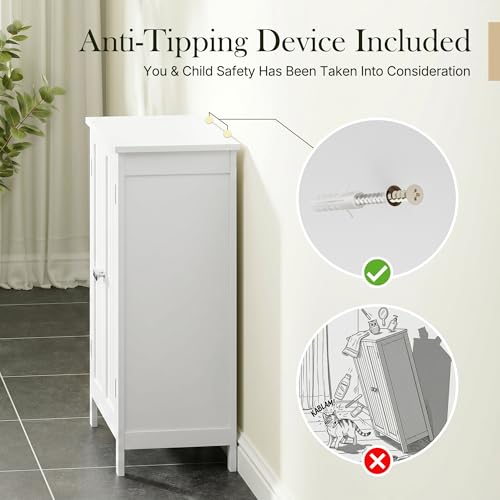 Bathroom Floor Storage Cabinet with Double Door + Adjustable Shelf, Wooden Organizer Cabinet for Living Room, Bathroom, Bedroom, Modern Home Furniture (White)
