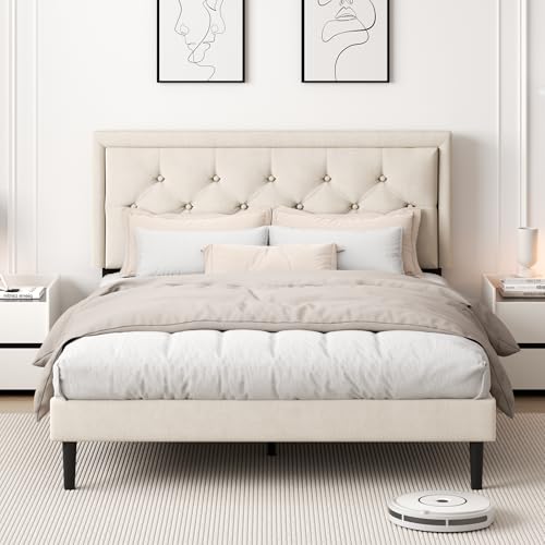 Queen Size Platform Bed Frame with Upholstered Velvet Button Tufted Headboard, view 5