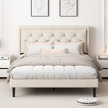 Queen Size Platform Bed Frame with Upholstered Velvet Button Tufted Headboard, view 5