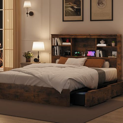King Size Bed Frame with High Storage Bookcase Headboard,Brown, view 5