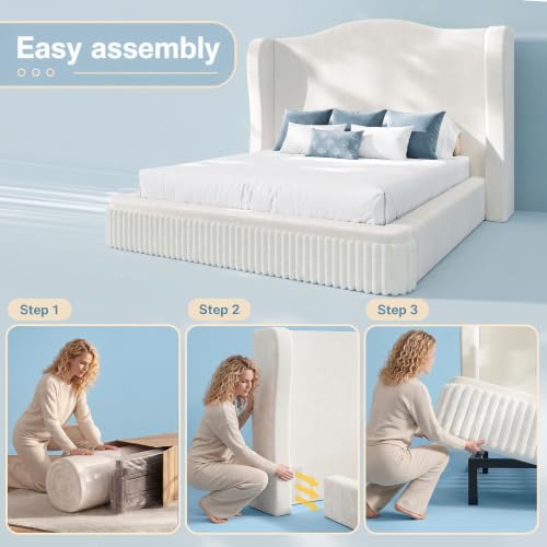 Queen Size Cloud Bed Frame with 49.61" Wingback Headboard, White, view 7