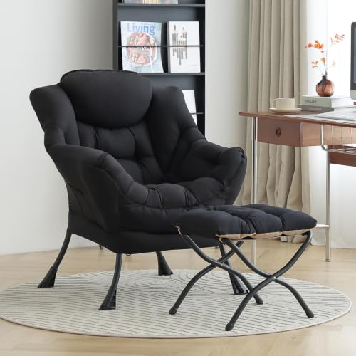 Lazy Chair with Ottoman, Comfy Accent Reading Chair, Black, view 3