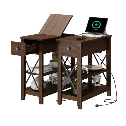 Awescuti Narrow End Table with Charging Station - Farmhouse Slim Side Table Set of 2, w/USB Ports Power Outlets, Nightstand w/Flip Top Storage Drawer, for Small Spaces Living Room Bedroom, Walnut