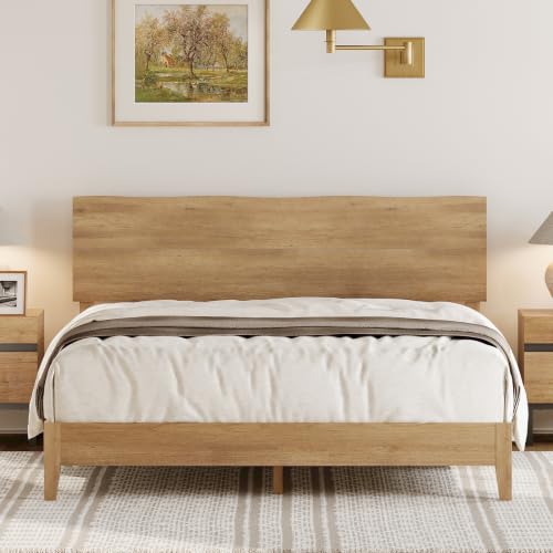 Queen Bed Frame with Wave Headboard, Solid Wood Legs, Oak, view 2