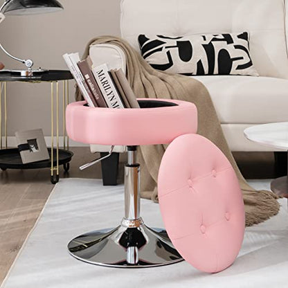Vanity Stool with Storage, 360° Swivel PU Leather Vanity Chair, 20” to 26” Height Adjustable Makeup Stool with Flipped Lid, Modern Round Storage Ottoman for Living Room Bedroom, Pink