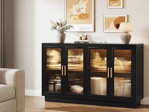 55.1" Sideboard Buffet Cabinet with Storage - LED Sideboard Cabinet, Black, view 7