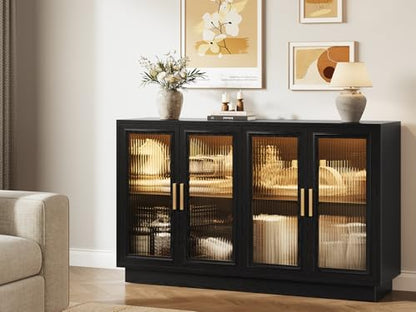 55.1" Sideboard Buffet Cabinet with Storage - LED Sideboard Cabinet, Black, view 7