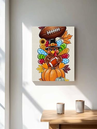 NuYeBiofx Thanksgiving Fall Pumpkin Turkey Canvas Wall Art Prints,48"x32" Framed Picture Artwork Autumn Maple Leaf Football Printed Canvas Oil Painting for Living Room Bedroom Office,Ready to Hang