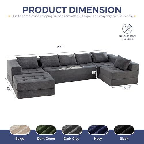 Modular Sectional Sofa Couch, Foldable U Shaped Cloud Couch with Pillows, Tufted 7-Seat Boneless Lounger Floor Sofa Bed for Living Room, No Assembly Required, Dark Grey