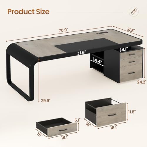 70.9" Executive Desk, Large Computer Desk with Drawers and Lateral File Cabinet, view 3