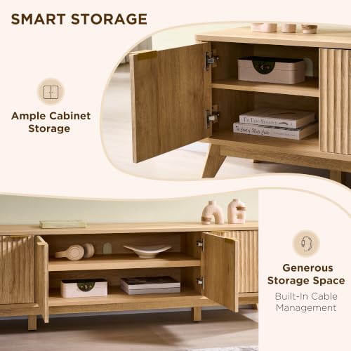 70" Mid Century Modern Fluted TV Stand,4-Door Storage, Natural Oak, view 7