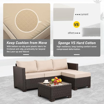 Patio Furniture Set 3 Piece Outdoor Sectional Sofa Set with Wicker Couch, Ottoman, Patio Table All-Weather Non-Slip Cushions and Waterproof Covers, Khaki