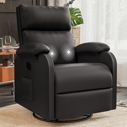 Recliner Chair, 360 Swivel Rocking Chair for Adults, Massage Nursery Chair with Adjustable Backrest and Footrest, PU Leather Glider Rocker Recliners with Side Pocket for Living Room (Black)