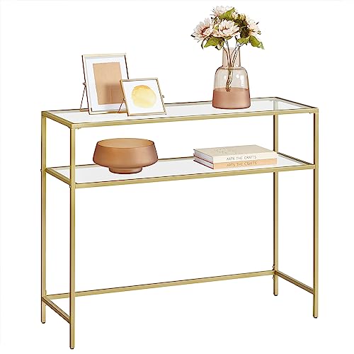 VASAGLE 39.4 Inch Console Sofa Table, Modern Entryway Table, Tempered Glass Table, Metal Frame, 2 Shelves, Adjustable Feet, for Living Room, Hallway, Gold Color ULGT025A01