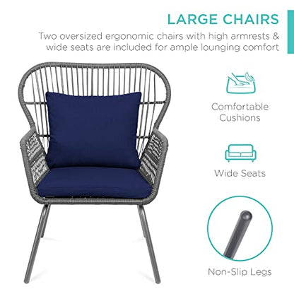 Best Choice Products 3-Piece Patio Conversation Bistro Set, Outdoor All-Weather Wicker Furniture for Porch, Backyard w/ 2 Wide Ergonomic Chairs, Cushions, Glass Top Side Table - Gray/Navy