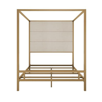 Queen Size Gold Metal Canopy Bed Frame, 76.5" Tall Linen Upholstered Headboard, view 7