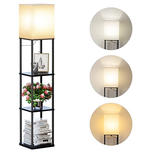 Floor Lamp with Shelves, Modern Square Standing Lamp with 3 Color Temperature Bulb, Corner Display Bookshelf Lamp for Living Room and Bedroom(Black)