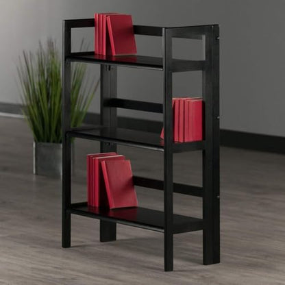 Terry Three Shelf Black Folding Storage Stand Wooden Bookcase Narrow Home Organizer Open Tier Vertical Display Compact Furniture Unit Decorative Organizer Stylish Utility Shelf