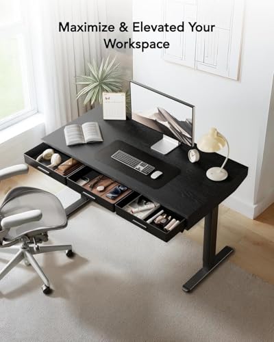 Electric Standing Desk with Drawers, C-Clamp Mount Compatible, 55 x 28 Inch Height Adjustable Sit Stand Desk, Fabric Drawers, Home Office Stand Up Desk with 4 Custom Height Settings, Black