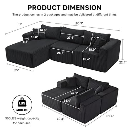 97" Boneless Couches for Living Room, Cloud Couch Sectional with Deep Seat, Comfy Couch with L-Shaped Chaise, Minimalist Upholstered Modular Sectional Sofa, No Assembly Required (Corduroy,Black)