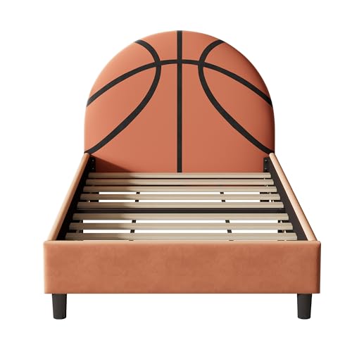 Basketball Design Twin Size Bed Frame for Kids,Twin Boys Bed Frame,Sports Theme Upholstered Platform Bed with Headboard for Boys,Girls,Orange