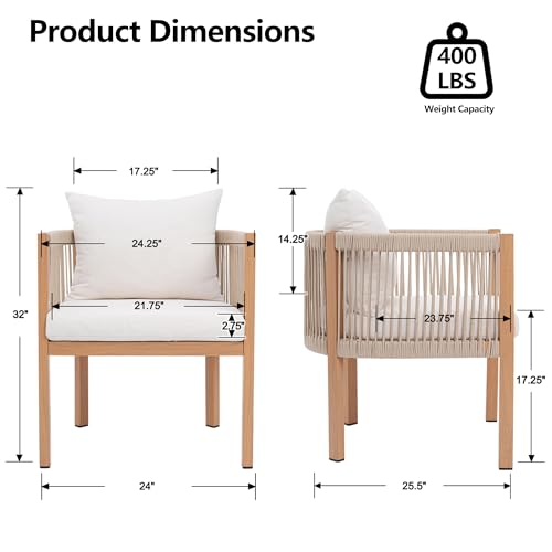 Outdoor Dining Chairs Set of 2, Wicker Patio Furniture Set with Armrests, Cushioned Backrest Patio Arm Chairs, Metal Barrel Dining Room Chair, Modern Kitchen Table Chair for Balcony, Beige