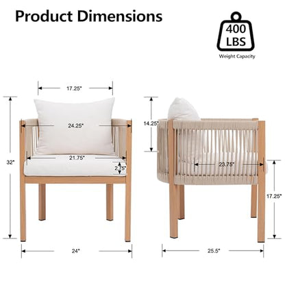 Outdoor Dining Chairs Set of 2, Wicker Patio Furniture Set with Armrests, Cushioned Backrest Patio Arm Chairs, Metal Barrel Dining Room Chair, Modern Kitchen Table Chair for Balcony, Beige