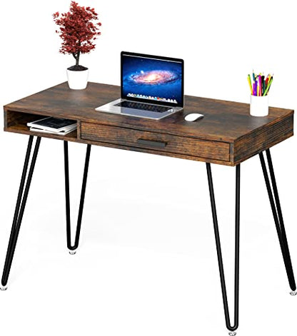 Home Office Computer Hairpin Leg Desk with Drawer, Rustic Brown
