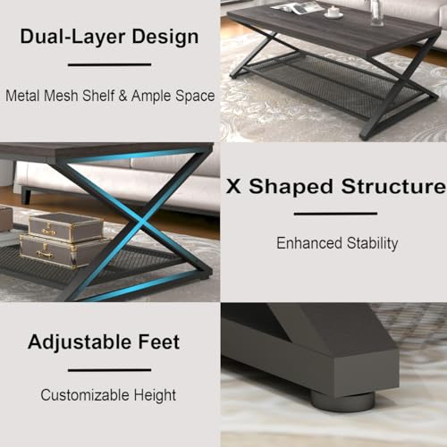 Wood Coffee Table, Center Table with Storage, Dark Gray Oak, 47 Inch | Farmhouse Metal Wood Living Room Table, Industrial 2 Tier Tea Table, Wooden Rectangle Tea Table with Shelf for Office Bedroom