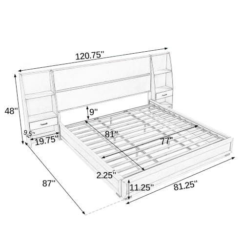JIVOIT King Storage Platform Bed, Upholstered Headboard, Side Bookcases & Drawer (Gray-King-2)