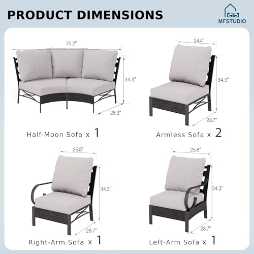 Patio Furniture Set, 6 Seats Half-Moon Curved Outdoor Sectional Sofa Conversation Set, Woven Rattan Patio Couch for Backyard, Garden, Deck