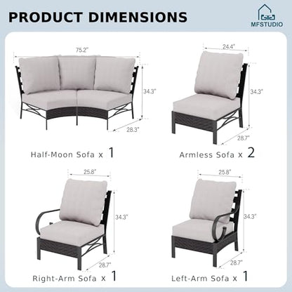 Patio Furniture Set, 6 Seats Half-Moon Curved Outdoor Sectional Sofa Conversation Set, Woven Rattan Patio Couch for Backyard, Garden, Deck