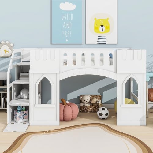 LUMISOL Kids Twin Low Loft Bed with Rails, Solid Wood Loft Bed Frame with Staircase, Window and Guardrails for Kids, No Box Spring Needed, White